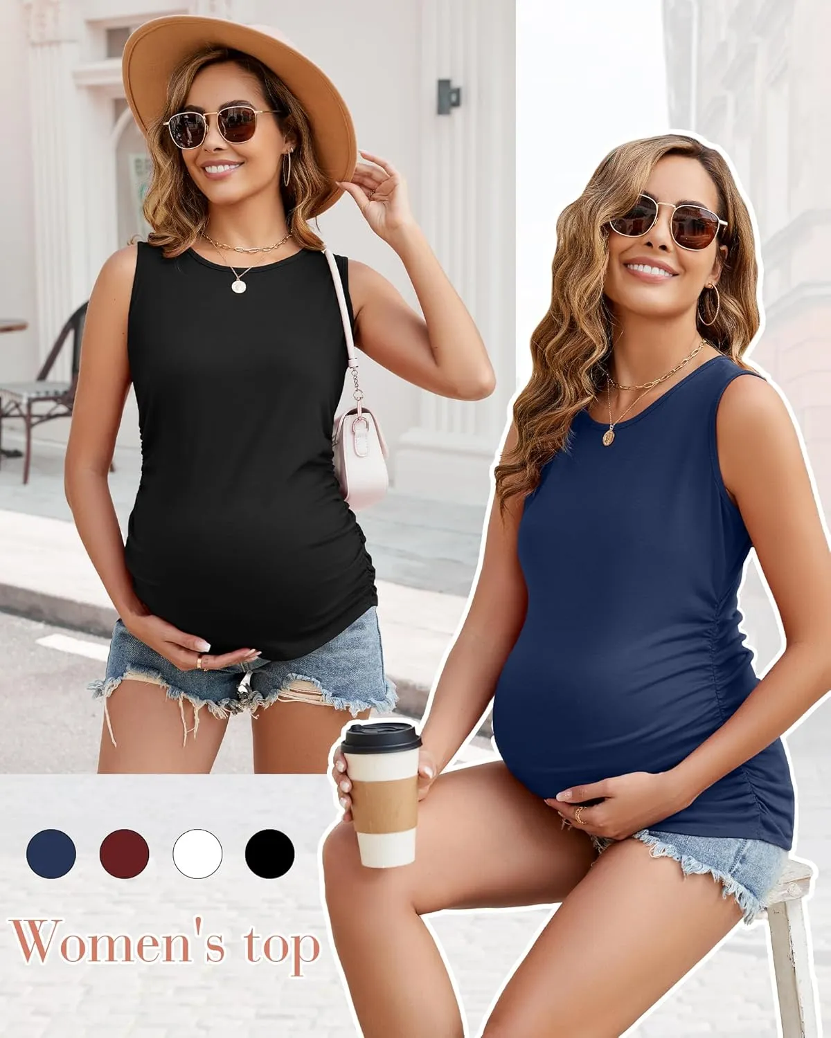 Ficerd 4 Pack Women's Maternity Tank Tops, Side Ruched Sleeveless Pregnancy Shirts Summer Comfy Round Neck Maternity Vest Tee