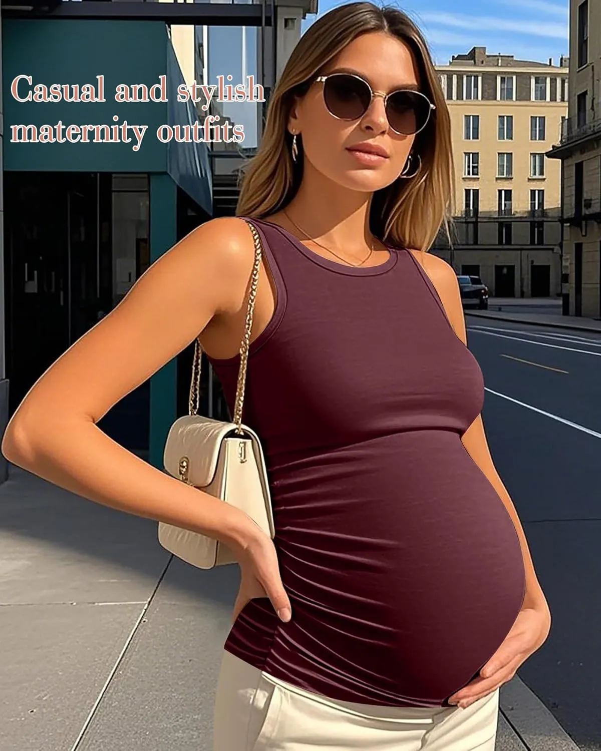 Ficerd 4 Pack Women's Maternity Tank Tops, Side Ruched Sleeveless Pregnancy Shirts Summer Comfy Round Neck Maternity Vest Tee