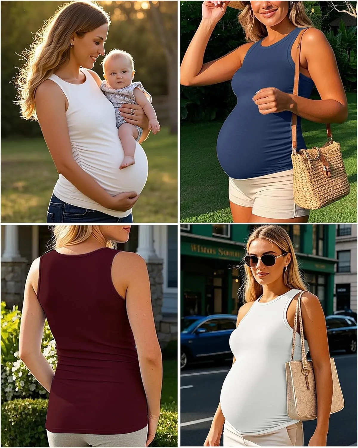 Ficerd 4 Pack Women's Maternity Tank Tops, Side Ruched Sleeveless Pregnancy Shirts Summer Comfy Round Neck Maternity Vest Tee