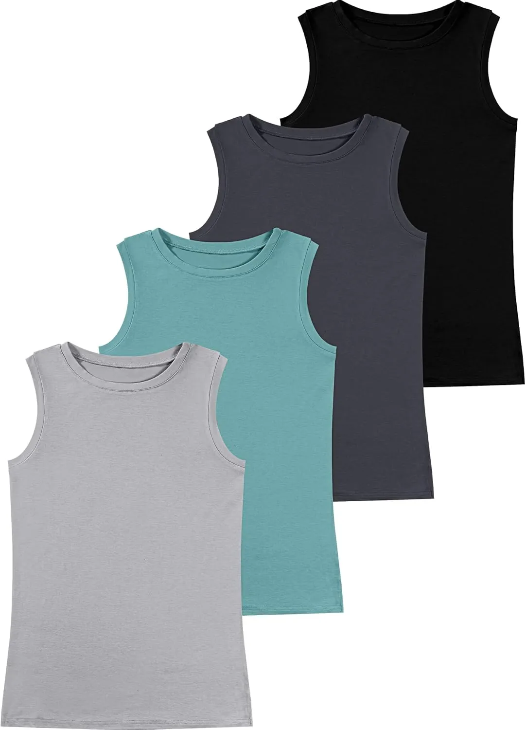Ficerd 4 Pack Women's Sleeveless Tops, Casual Summer Loose Fit T Shirts Solid Color Tunic Tank Tops Ladies' Crew Neck Tee