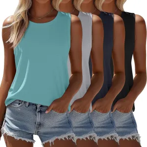 Ficerd 4 Pack Women's Sleeveless Tops, Casual Summer Loose Fit T Shirts Solid Color Tunic Tank Tops Ladies' Crew Neck Tee