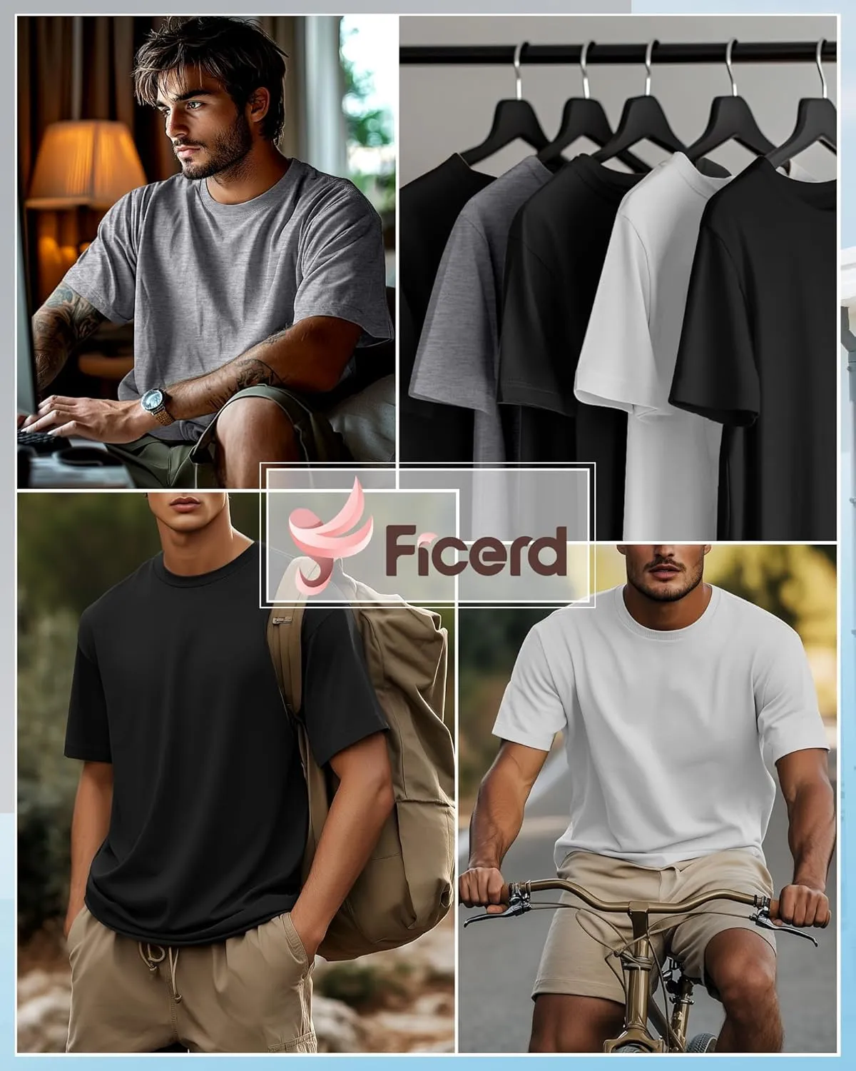 Ficerd 5 Pack Men's Big and Tall Shirts Short Sleeve Cotton Tee Summer Crew Neck Oversize Top Loose Fit Shirt Multipack