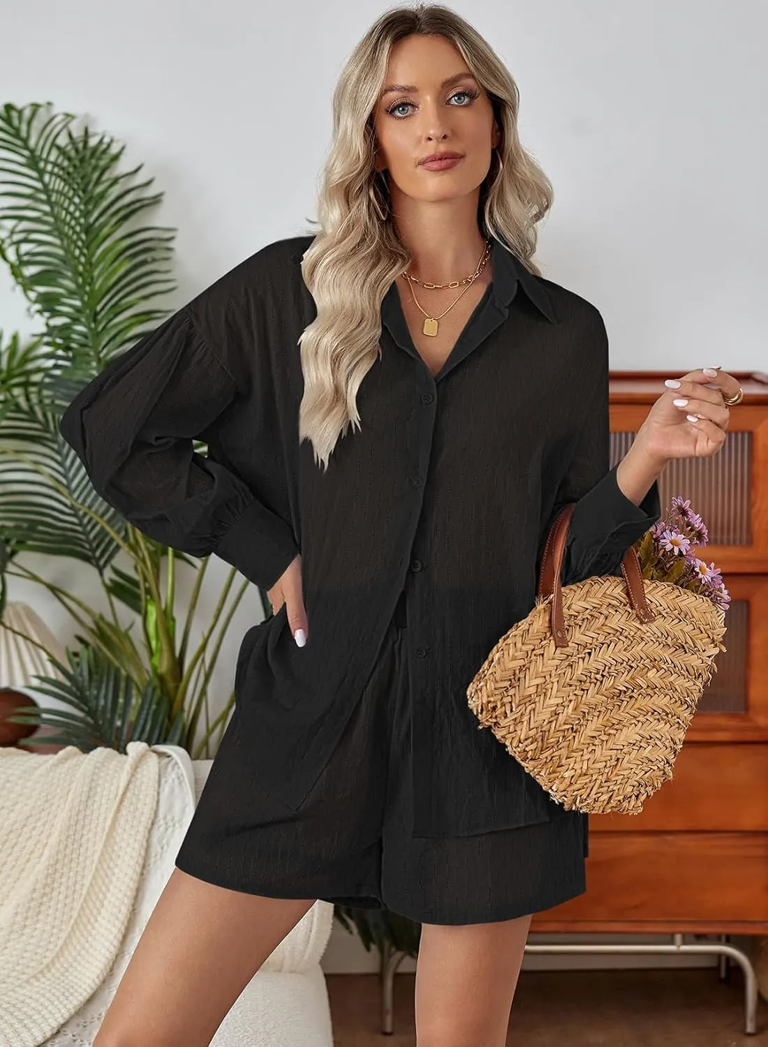 Fixmatti 2 Piece Outfits Long Sleeve Button Down Shirt and Shorts Sweatsuit Lounge Sets