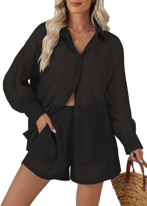 Fixmatti 2 Piece Outfits Long Sleeve Button Down Shirt and Shorts Sweatsuit Lounge Sets