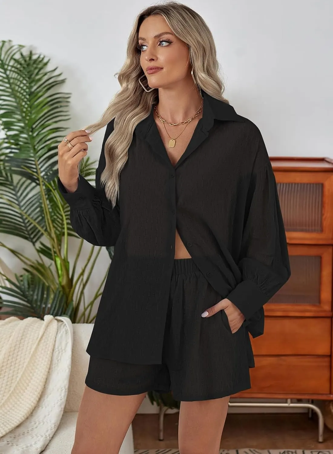 Fixmatti 2 Piece Outfits Long Sleeve Button Down Shirt and Shorts Sweatsuit Lounge Sets