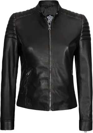 fjackets Disc Black Leather Jacket Women - Cafe Racer Leather Jackets For Women | [1309741] Carrie, XS