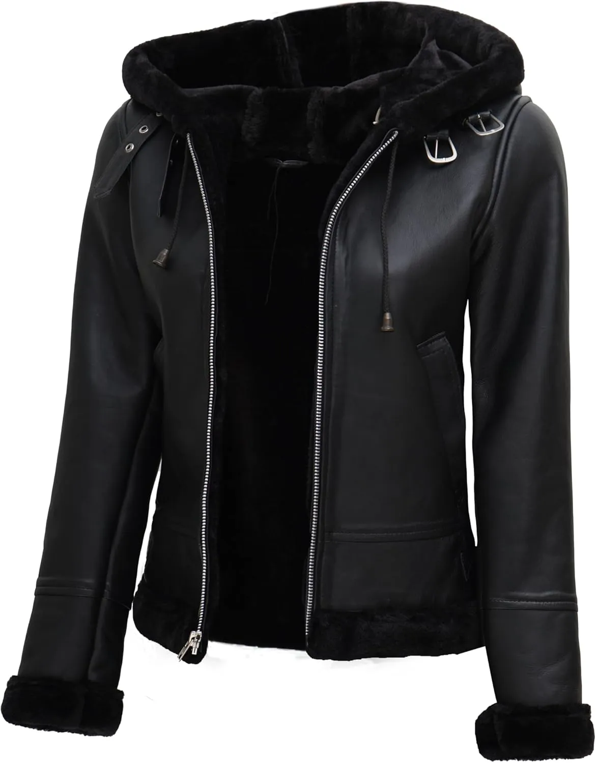 fjackets Leather Sherpa Jacket Womens - Lambskin Black Hooded Shearling Jacket Women | [1309281] Grace, XS