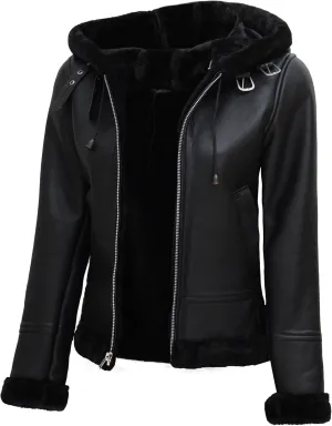 fjackets Leather Sherpa Jacket Womens - Lambskin Black Hooded Shearling Jacket Women | [1309281] Grace, XS