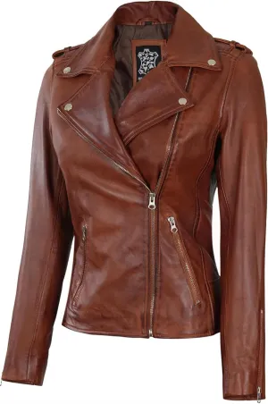 fjackets Moto Style Women's Real Leather Asymmetrical Jacket - Year-Round Statement Piece