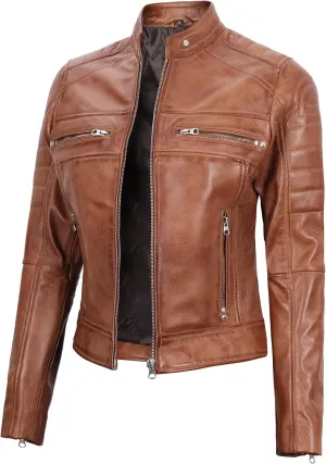 fjackets Real Leather Jacket Women - Cafe Racer Natural Grain Stand Collar Womens Leather Jackets