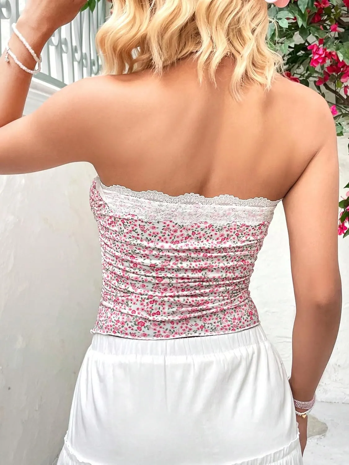 Floerns Women's Allover Print Lace Trim Bowknot Strapless Bandeau Ruched Crop Tube Top