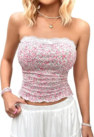 Floerns Women's Allover Print Lace Trim Bowknot Strapless Bandeau Ruched Crop Tube Top