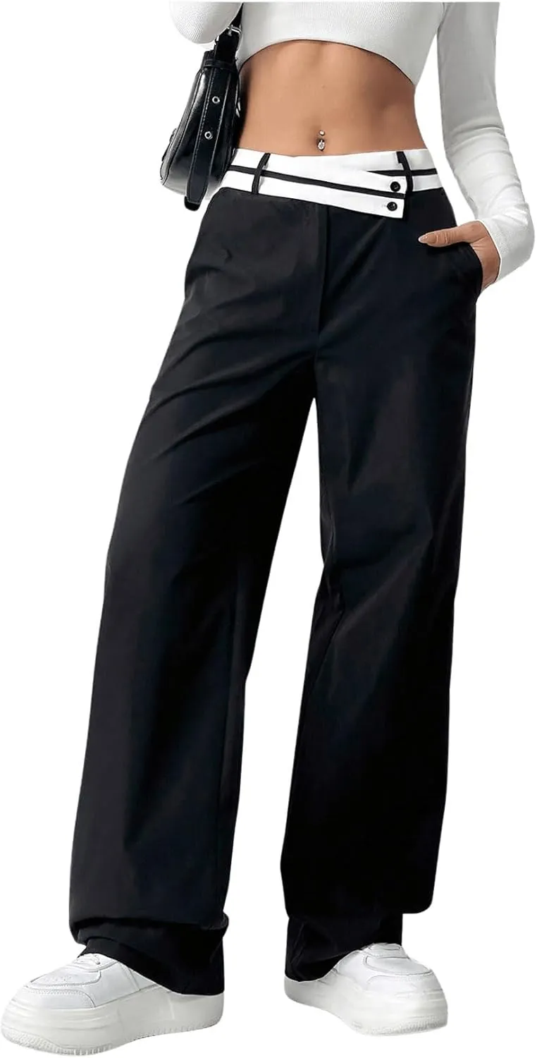 Floerns Women's Asymmetric Waist Zipper Trousers Straight Leg Pants with Pockets