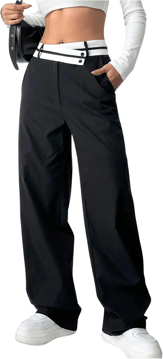 Floerns Women's Asymmetric Waist Zipper Trousers Straight Leg Pants with Pockets