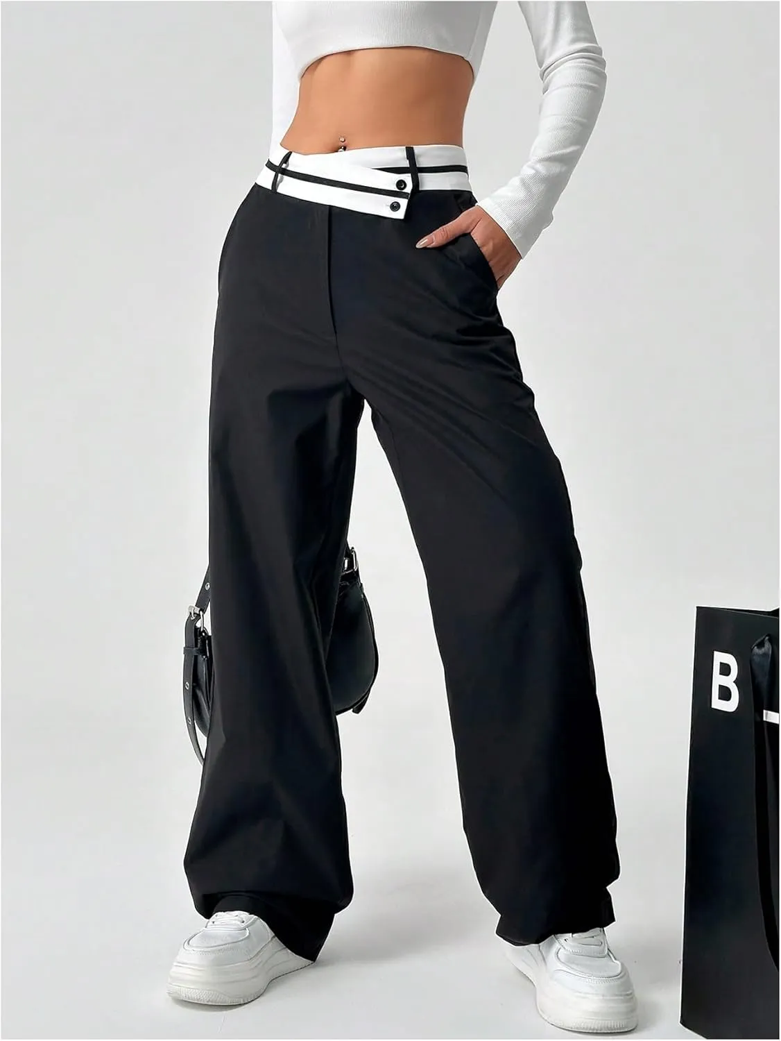Floerns Women's Asymmetric Waist Zipper Trousers Straight Leg Pants with Pockets