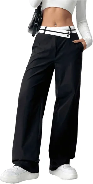 Floerns Women's Asymmetric Waist Zipper Trousers Straight Leg Pants with Pockets