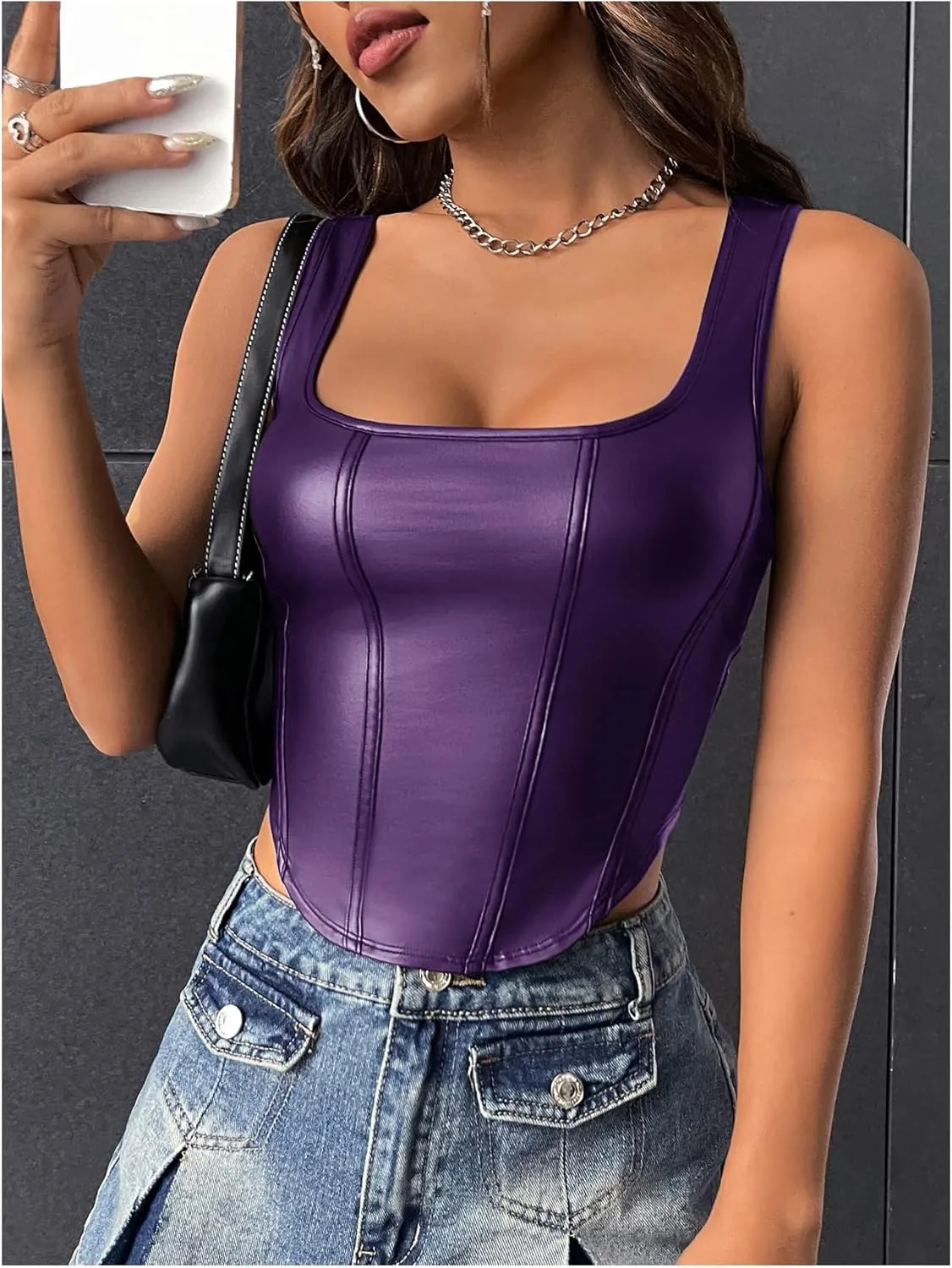 Floerns Women's Square Neck Asymmetrical Hem Sleeveless Shirts PU Leather Club Tank Top