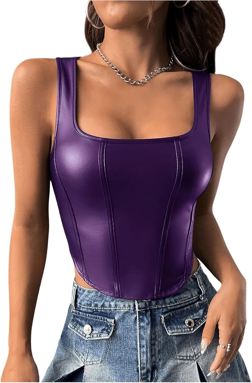 Floerns Women's Square Neck Asymmetrical Hem Sleeveless Shirts PU Leather Club Tank Top