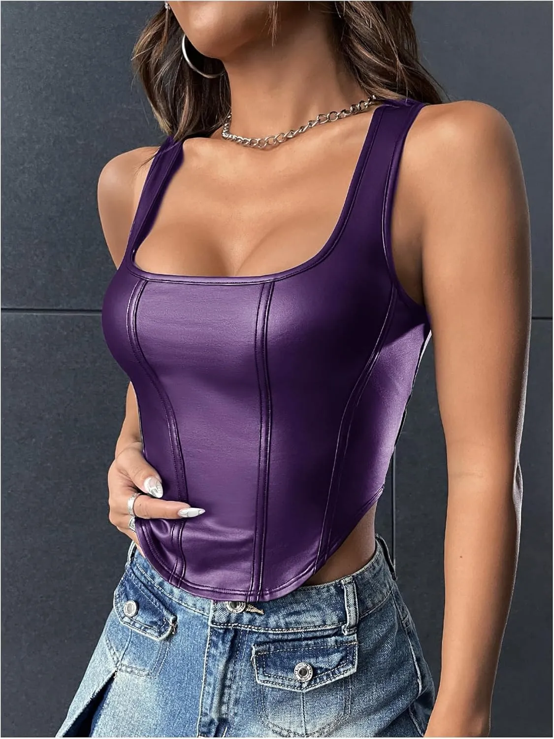 Floerns Women's Square Neck Asymmetrical Hem Sleeveless Shirts PU Leather Club Tank Top