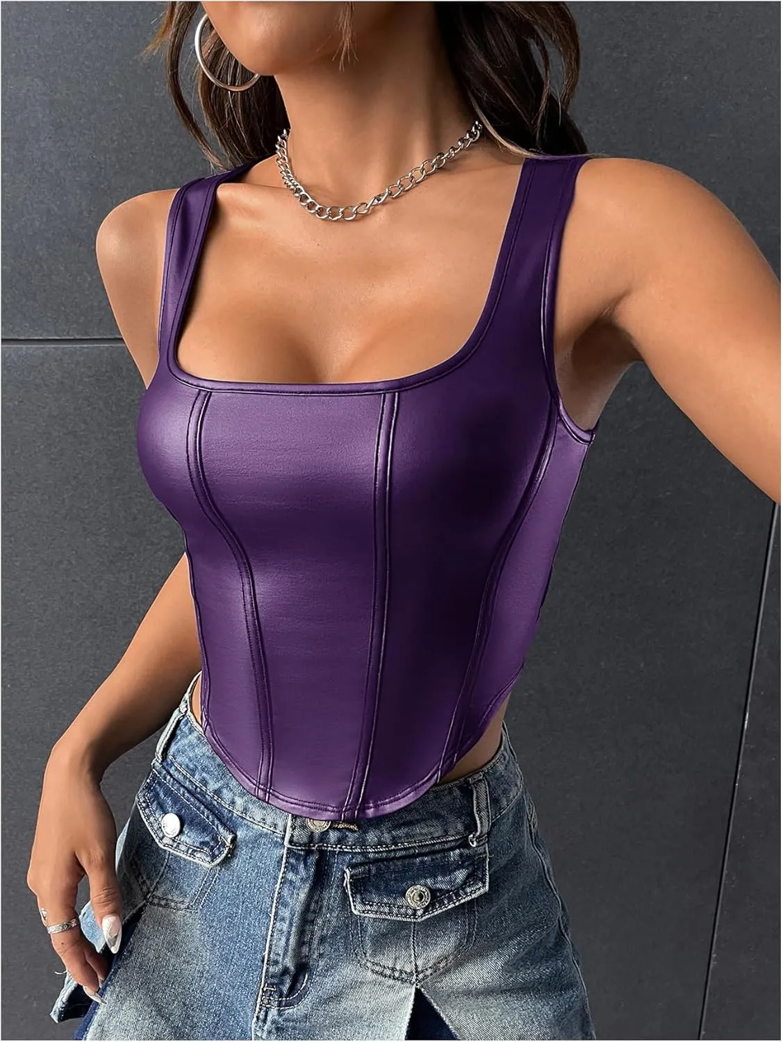Floerns Women's Square Neck Asymmetrical Hem Sleeveless Shirts PU Leather Club Tank Top