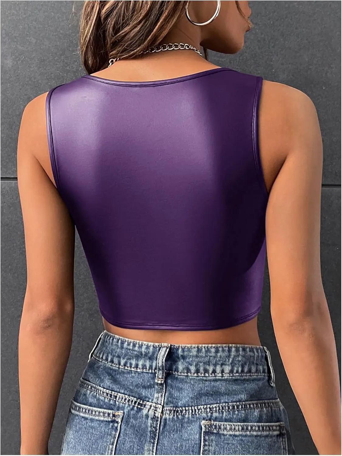 Floerns Women's Square Neck Asymmetrical Hem Sleeveless Shirts PU Leather Club Tank Top