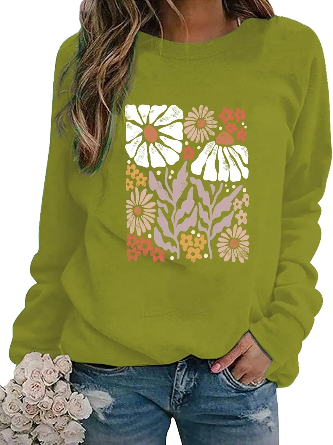 Flower Sweatshirt Women Wildflower Shirts Vintage Minimalistic Flower Print Sweatshirt Fall Autumn Pullover Tops