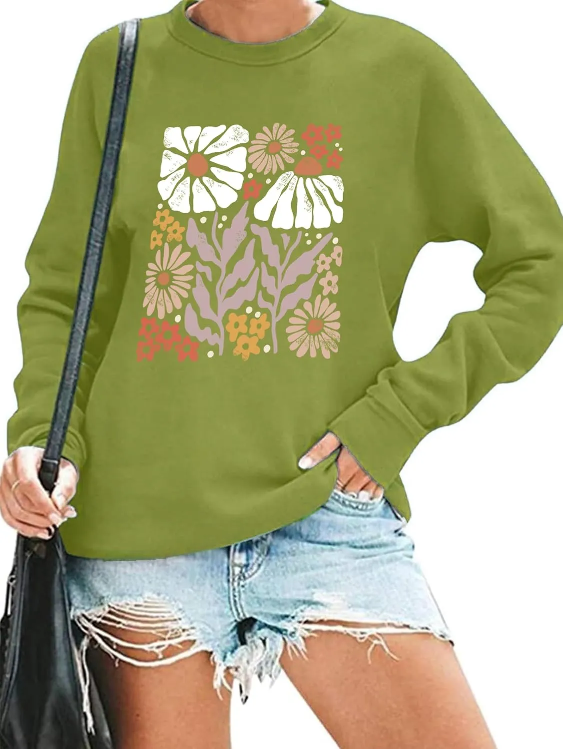 Flower Sweatshirt Women Wildflower Shirts Vintage Minimalistic Flower Print Sweatshirt Fall Autumn Pullover Tops