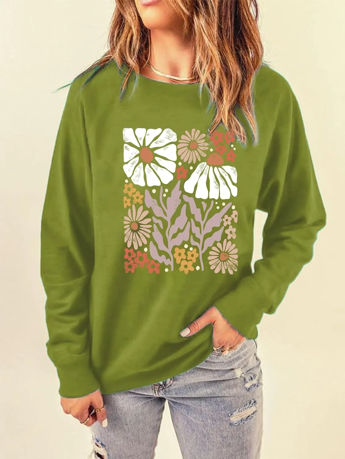 Flower Sweatshirt Women Wildflower Shirts Vintage Minimalistic Flower Print Sweatshirt Fall Autumn Pullover Tops