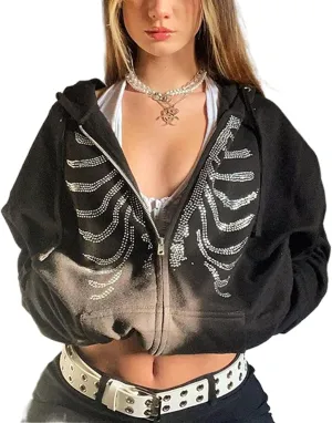FOMOYUU Women's Rhinestone Hoodie Long Sleeve Zipper Sweatshirt Oversized Y2K Aesthetic 90S Streetwear