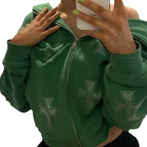 FOMOYUU Women's Rhinestone Hoodie Long Sleeve Zipper Sweatshirt Oversized Y2K Aesthetic 90S Streetwear