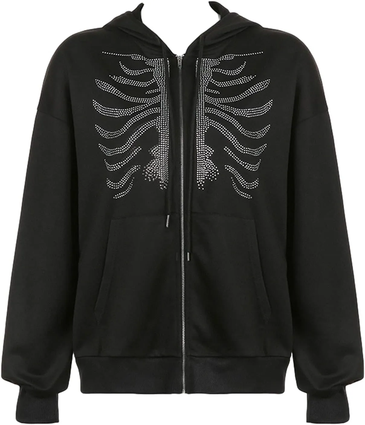 FOMOYUU Women's Rhinestone Hoodie Long Sleeve Zipper Sweatshirt Oversized Y2K Aesthetic 90S Streetwear