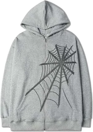 FOMOYUU Women's Rhinestone Hoodie Long Sleeve Zipper Sweatshirt Oversized Y2K Aesthetic 90S Streetwear