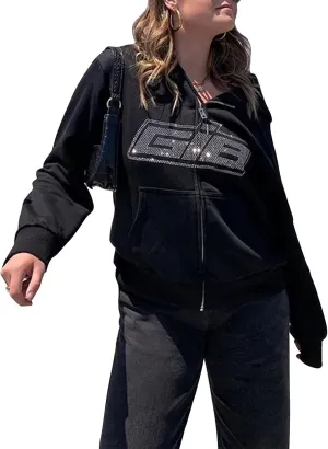 FOMOYUU Women's Rhinestone Hoodie Long Sleeve Zipper Sweatshirt Oversized Y2K Aesthetic 90S Streetwear