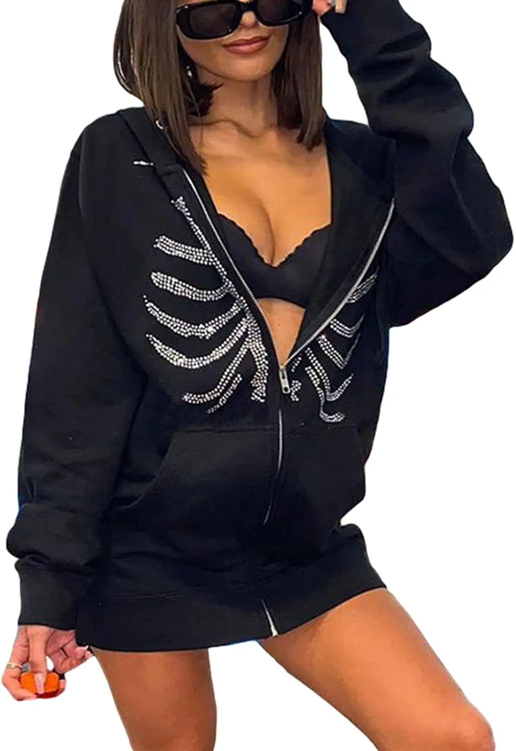 FOMOYUU Women's Rhinestone Hoodie Long Sleeve Zipper Sweatshirt Oversized Y2K Aesthetic 90S Streetwear