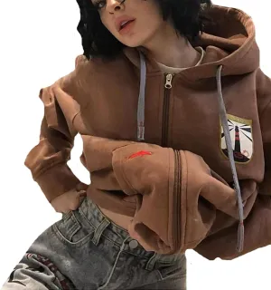 FOMOYUU Women's Rhinestone Hoodie Long Sleeve Zipper Sweatshirt Oversized Y2K Aesthetic 90S Streetwear