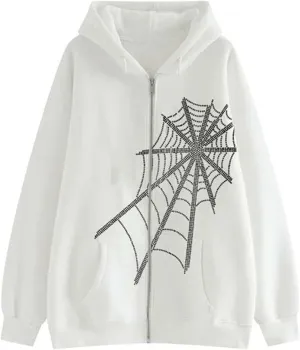 FOMOYUU Women's Rhinestone Hoodie Long Sleeve Zipper Sweatshirt Oversized Y2K Aesthetic 90S Streetwear