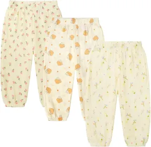 GFQLONG Toddler Baby Girls 3 Pack Elastic Waist Pants Soft Cotton Linen Harem Bloomers Summer Fall Long Pants