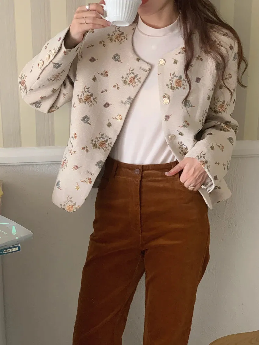 Girlary Spring French Vintage Round Neck Jackets for Women Embroidery Gold Foil Flower Jacket Loose Sleeve Short Suit Coat Women