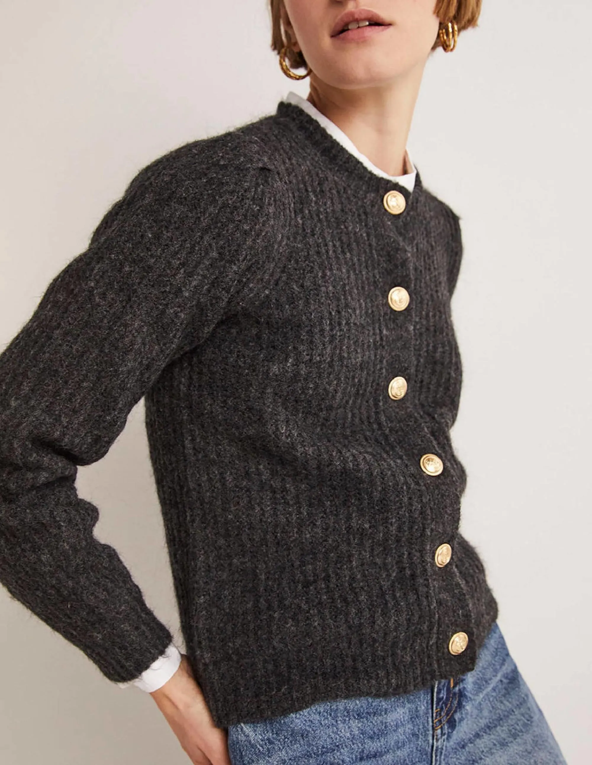 Gold Button Fluffy Cardigan-Charcoal Melange