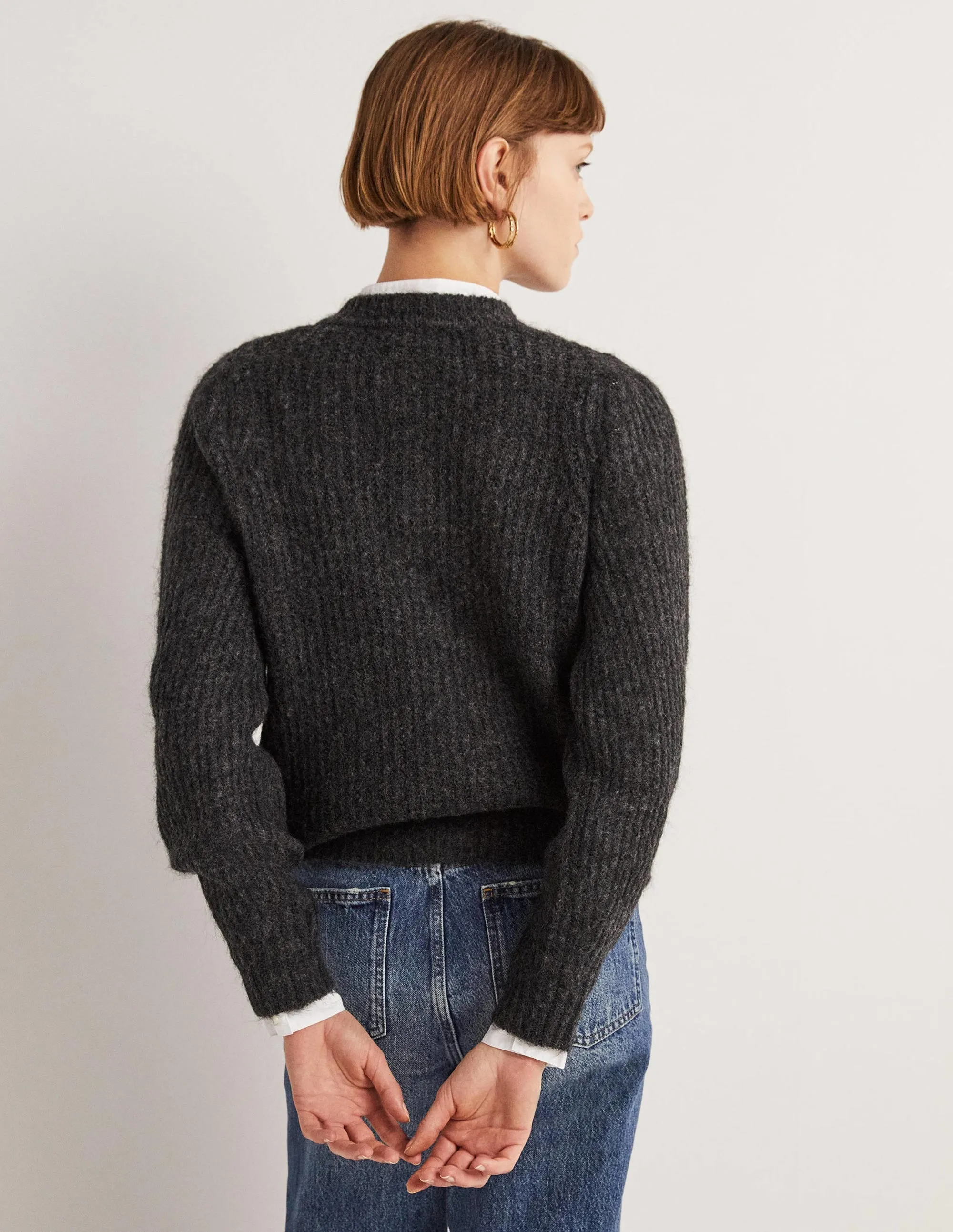 Gold Button Fluffy Cardigan-Charcoal Melange