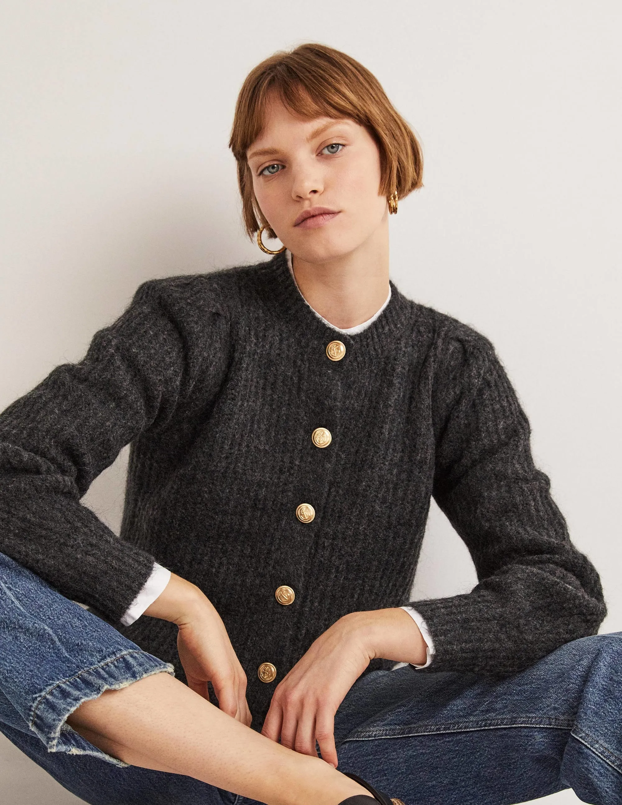 Gold Button Fluffy Cardigan-Charcoal Melange