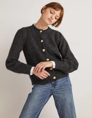 Gold Button Fluffy Cardigan-Charcoal Melange