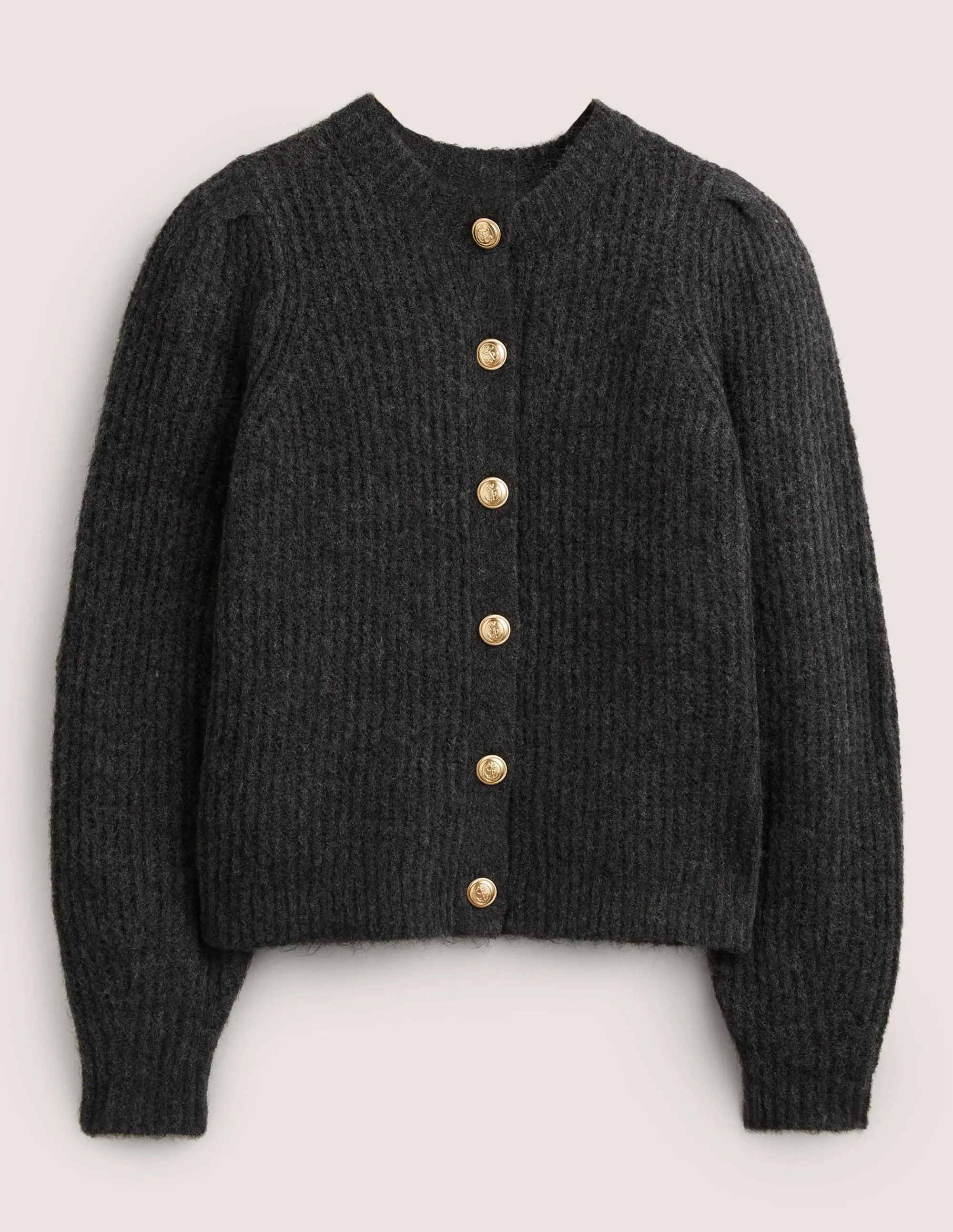 Gold Button Fluffy Cardigan-Charcoal Melange