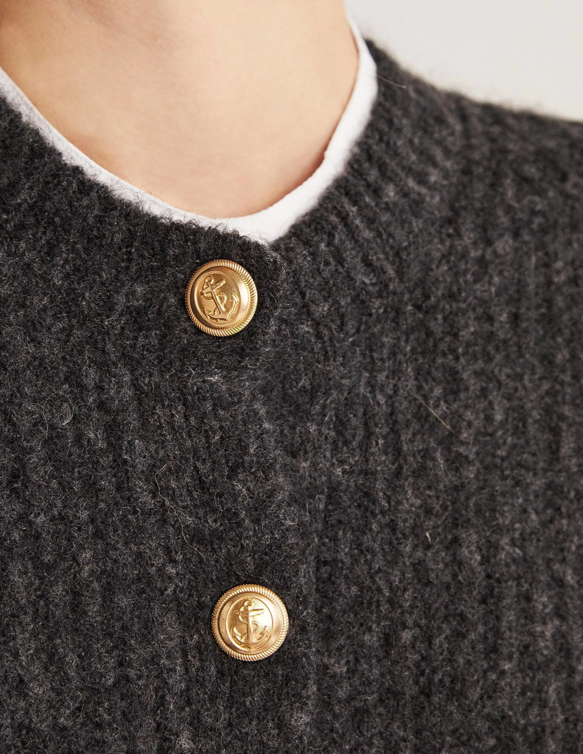 Gold Button Fluffy Cardigan-Charcoal Melange