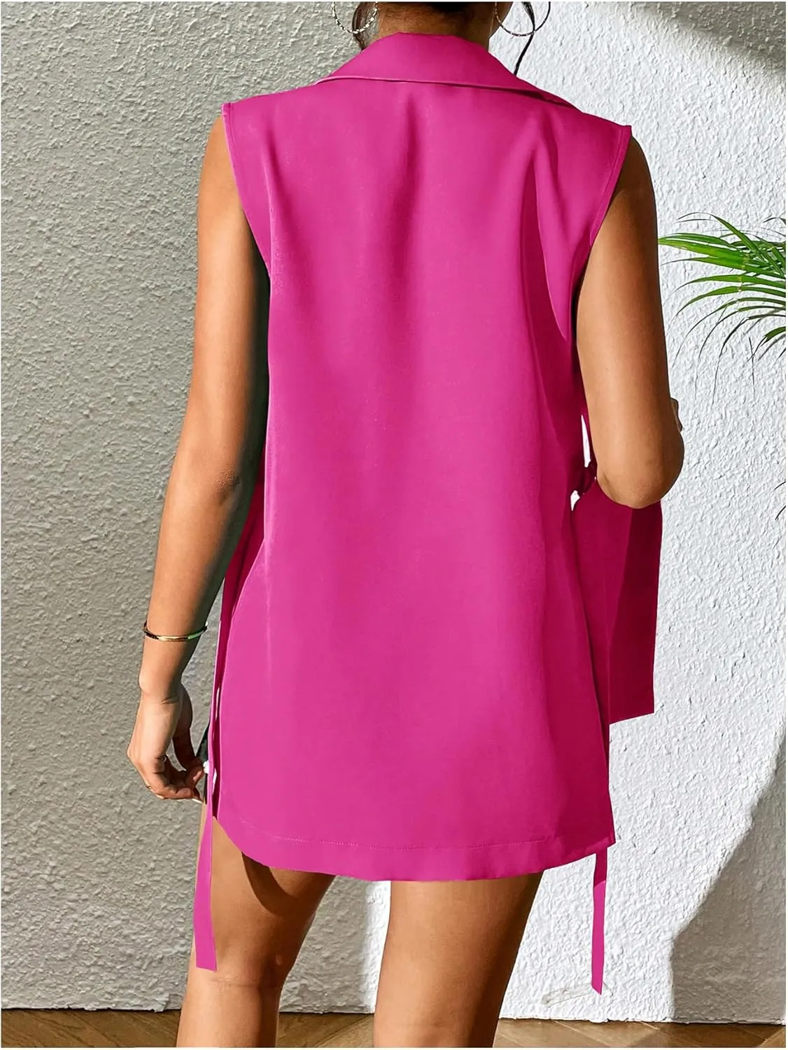 GORGLITTER Women's Sleeveless Long Blazer Vest Open Front Knot Side Office Longline Blazer Jackets Outerwear