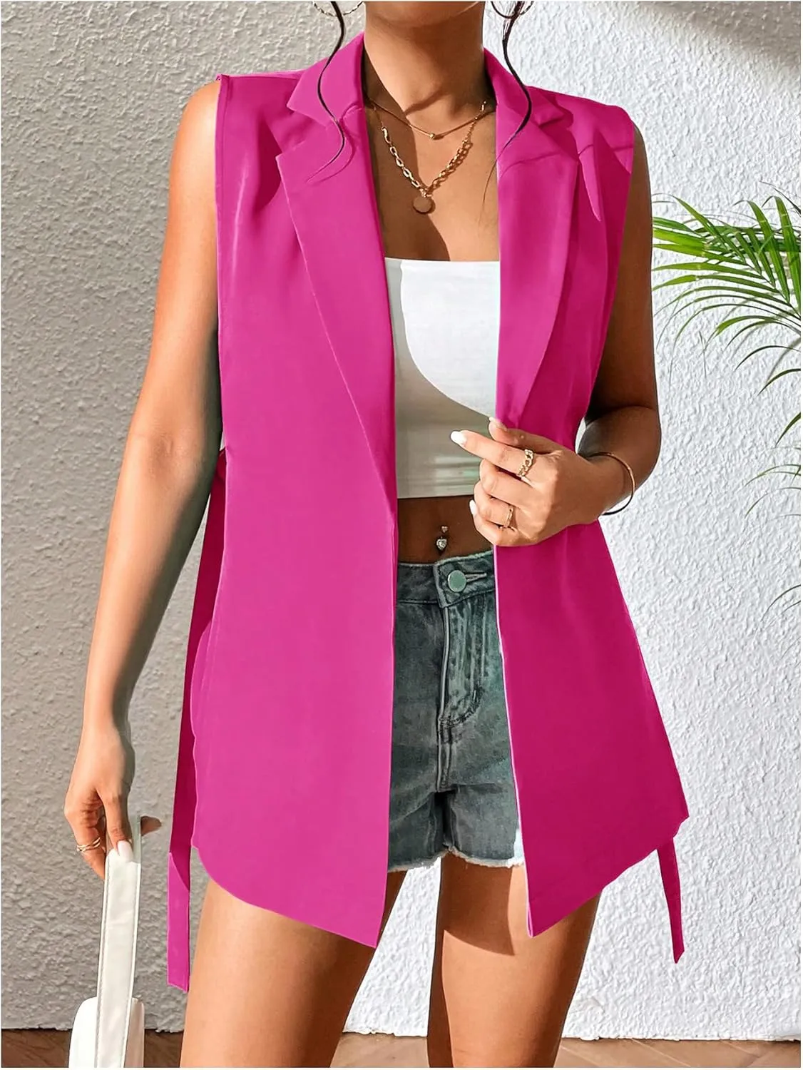 GORGLITTER Women's Sleeveless Long Blazer Vest Open Front Knot Side Office Longline Blazer Jackets Outerwear