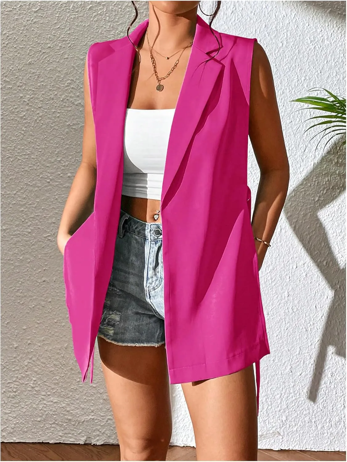 GORGLITTER Women's Sleeveless Long Blazer Vest Open Front Knot Side Office Longline Blazer Jackets Outerwear