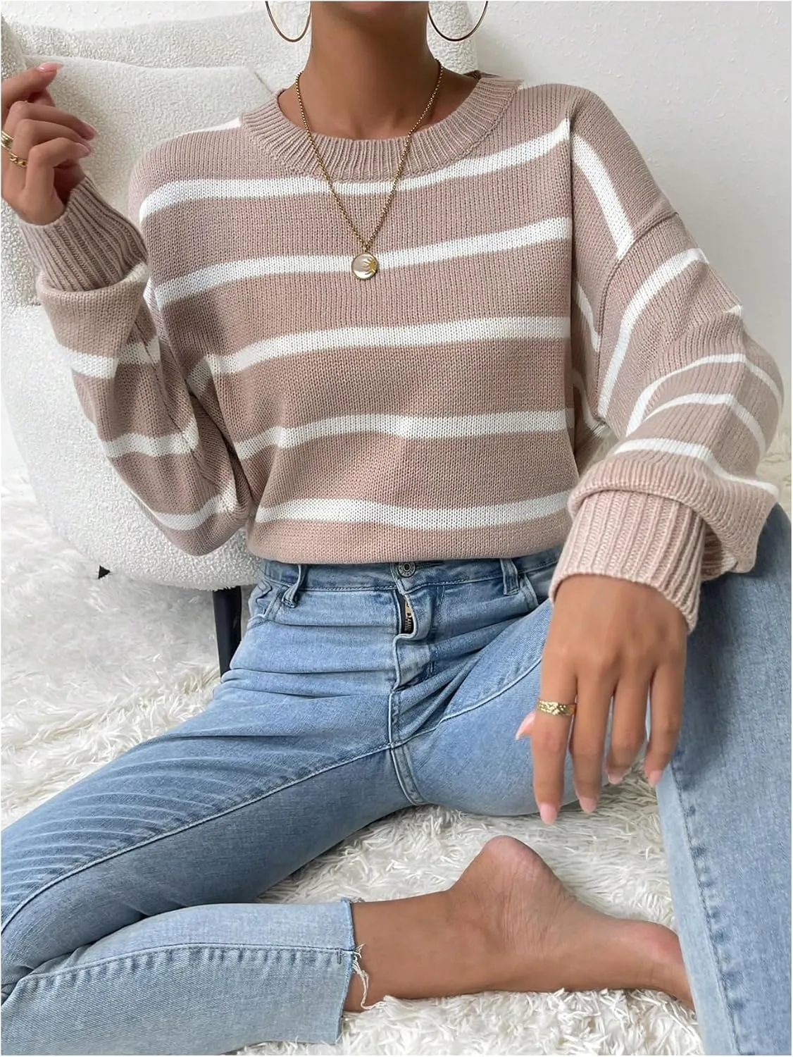 GORGLITTER Women's Striped Drop Shoulder Sweater Oversized Crew Neck Knit Sweaters Pullover Top