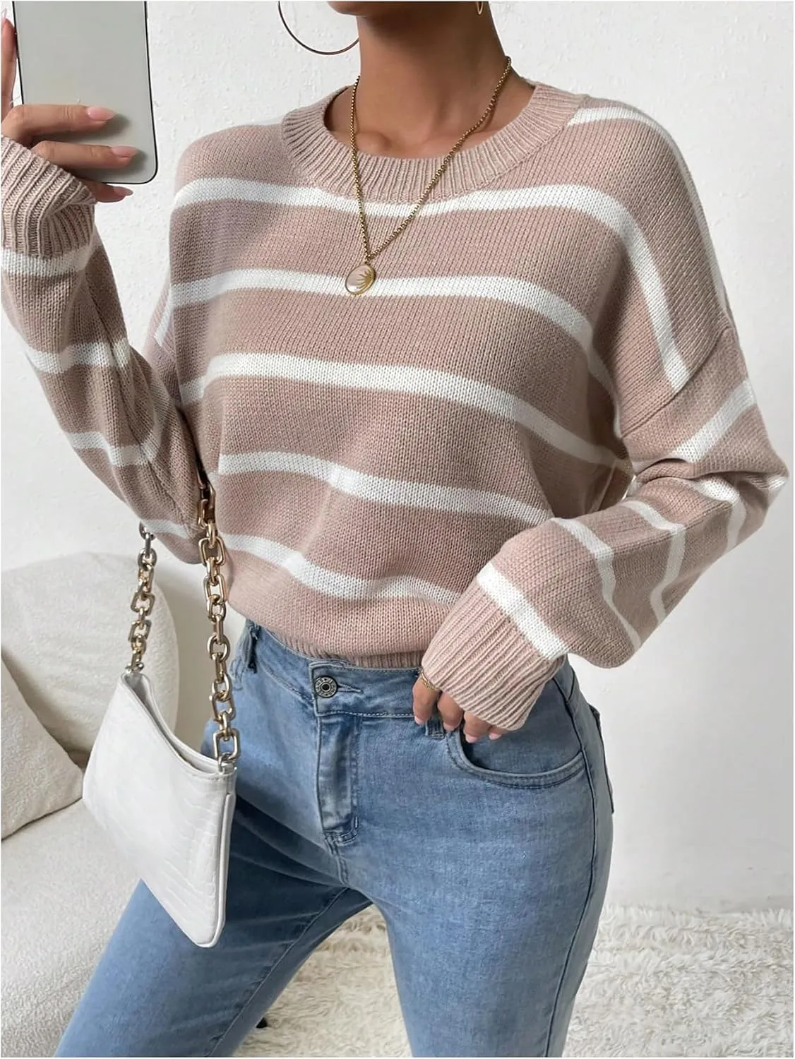 GORGLITTER Women's Striped Drop Shoulder Sweater Oversized Crew Neck Knit Sweaters Pullover Top