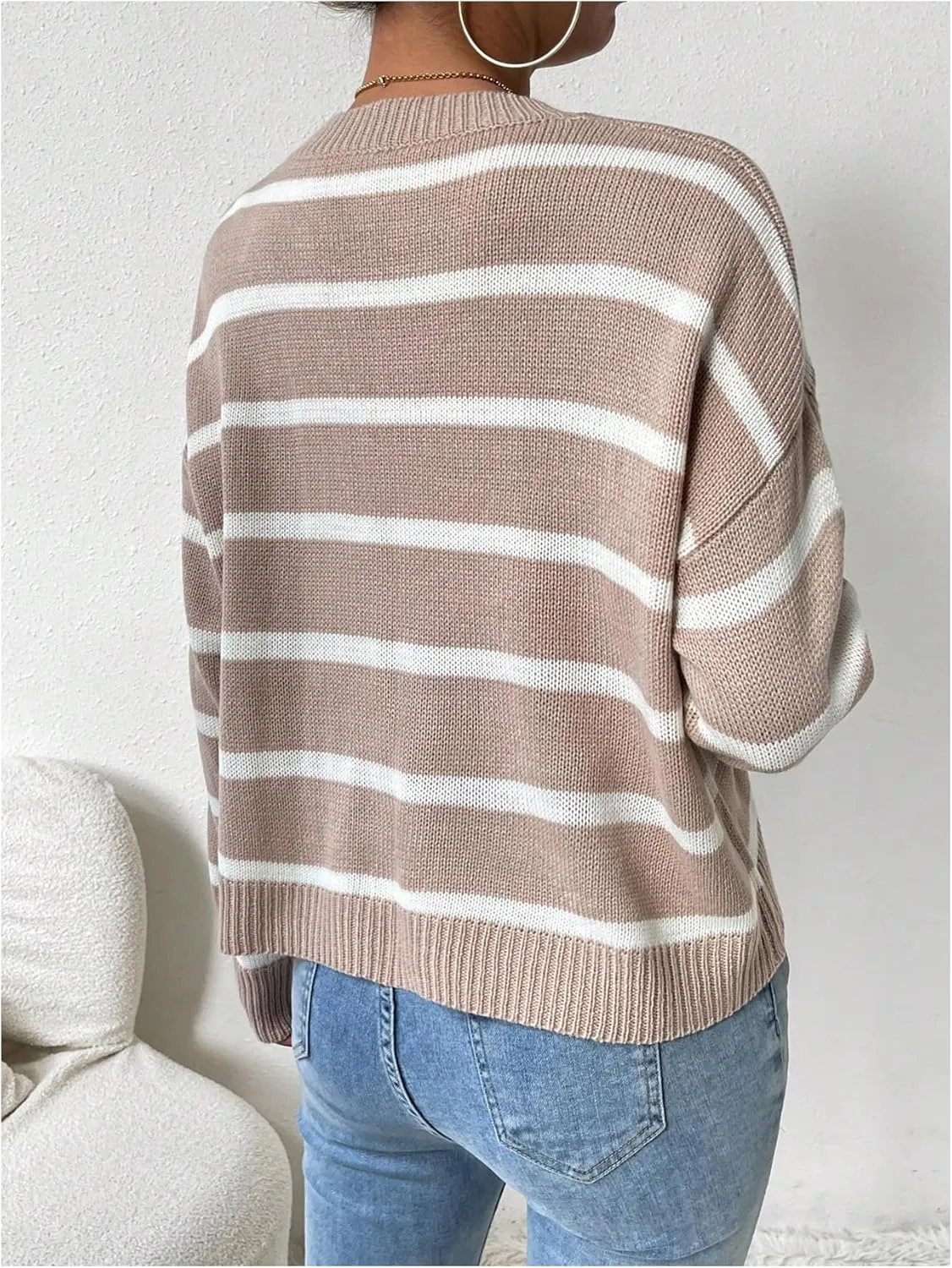 GORGLITTER Women's Striped Drop Shoulder Sweater Oversized Crew Neck Knit Sweaters Pullover Top